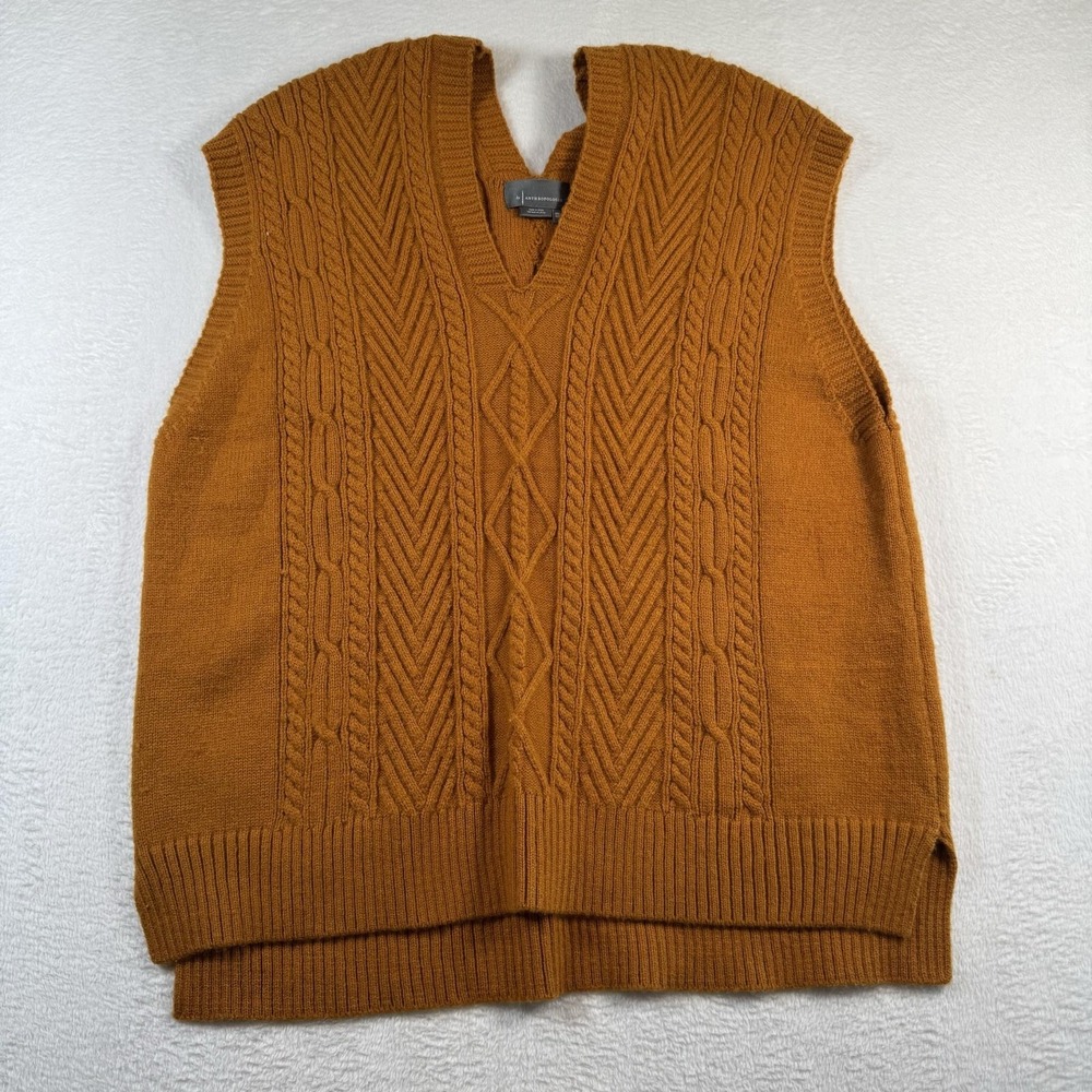 Anthropologie Sweater Vest Womens One Size Brown Cable Knit V Neck Pullover